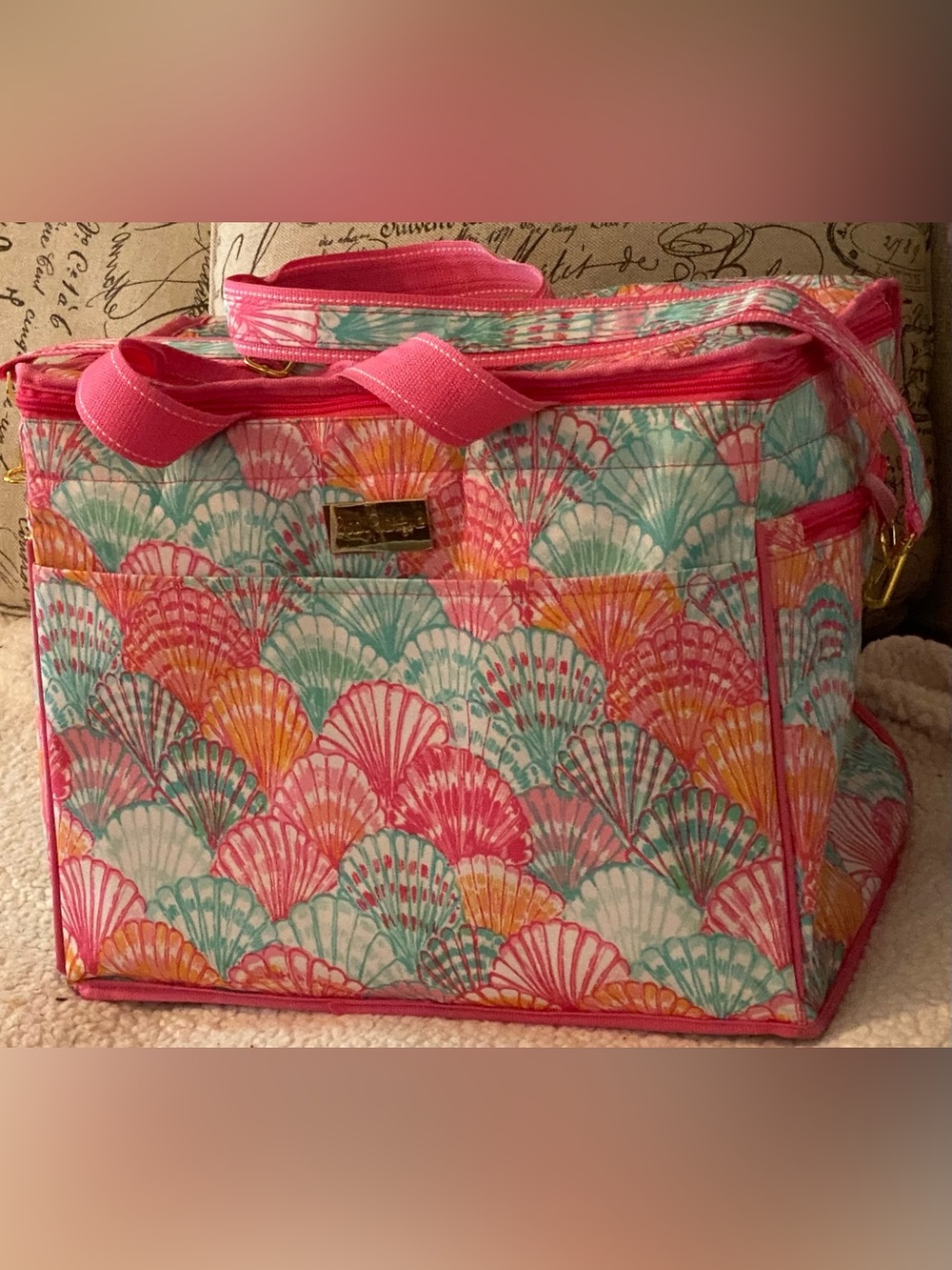 Quilted Shell-Print Insulated Cooler Bag in Pink, Teal & Coral OH-SHELLO